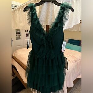 macy’s forest green fall women’s zip up padded tutu mini dress size XS 🌲🍂🍁